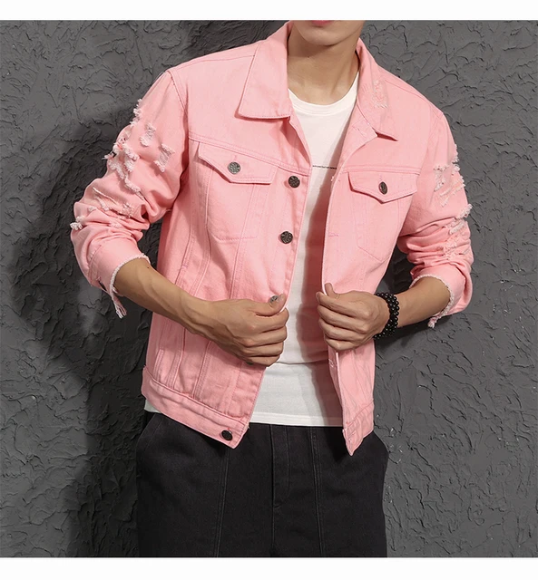 WJCCY M- 5XL Denim Jacket Men Ripped Holes Mens Pink Jean Jackets Garment  Washed Mens Denim Coat (Color : A, Size : L)