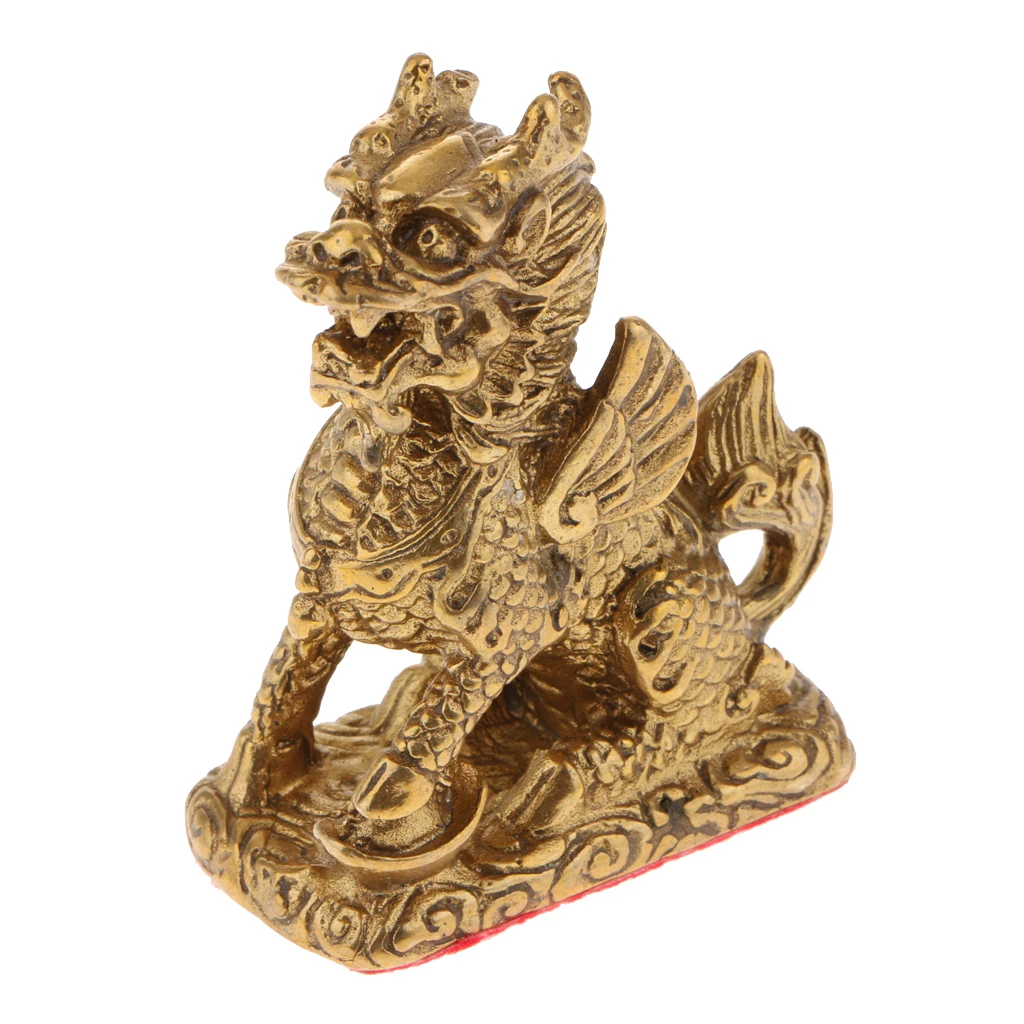 Golden Feng Shui Ornament Chi Lin/Kylin Wealth Prosperity Lucky Statue Handcraft for Living Room/Bedroom/Office