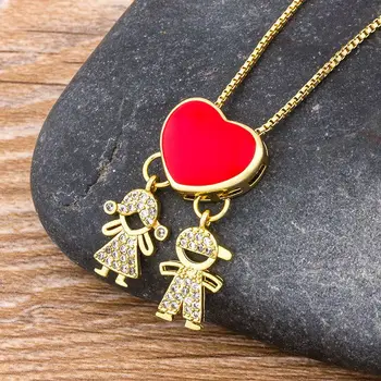 

Hot Sale Boy & Girl Pendant Choker Necklace Red/Black Color Family Chain Necklaces Women Couple Lovers Copper CZ Jewelry Gift
