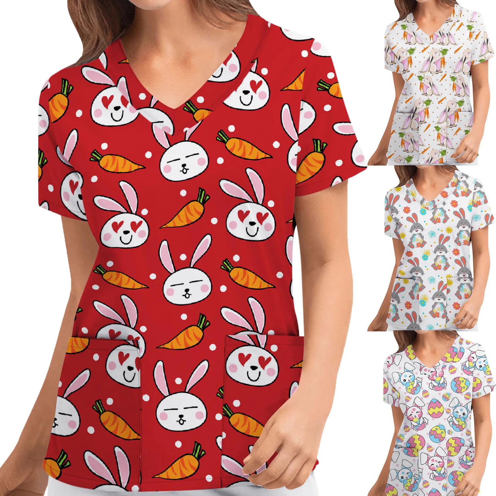 2021 Easter Cute Cartoon Rabbit Print Nursing Scrub Tops Women T Shirt