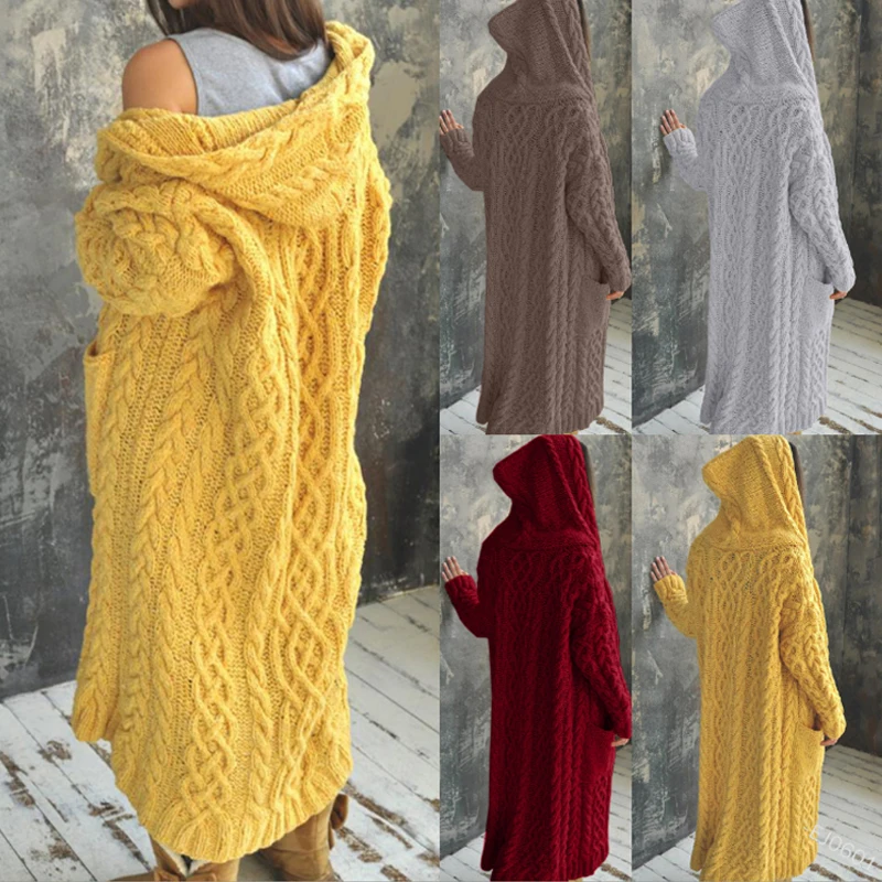 

Thick Knit Sweater Twist Retro Warm Hooded Long Cardigan Coat Bat Loose Coat Lady Fall/Winter Leisure Home Pocket Woman Clothes