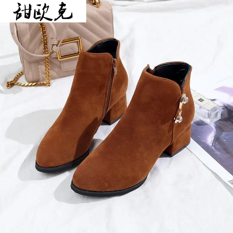 Women Boots Autumn Winter Warm Casual Flock Pointed Toe Crystal Zip Ankle Chelsea Shoes 2020 New Sex Fashion | Обувь