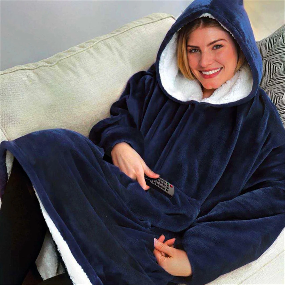 

Winter Hooded Pocket Blankets Keep Hands Free Warm Hoodie Slant Robe Bathrobe Sweatshirt Pullover Fleece TV Blanket With Sleeves
