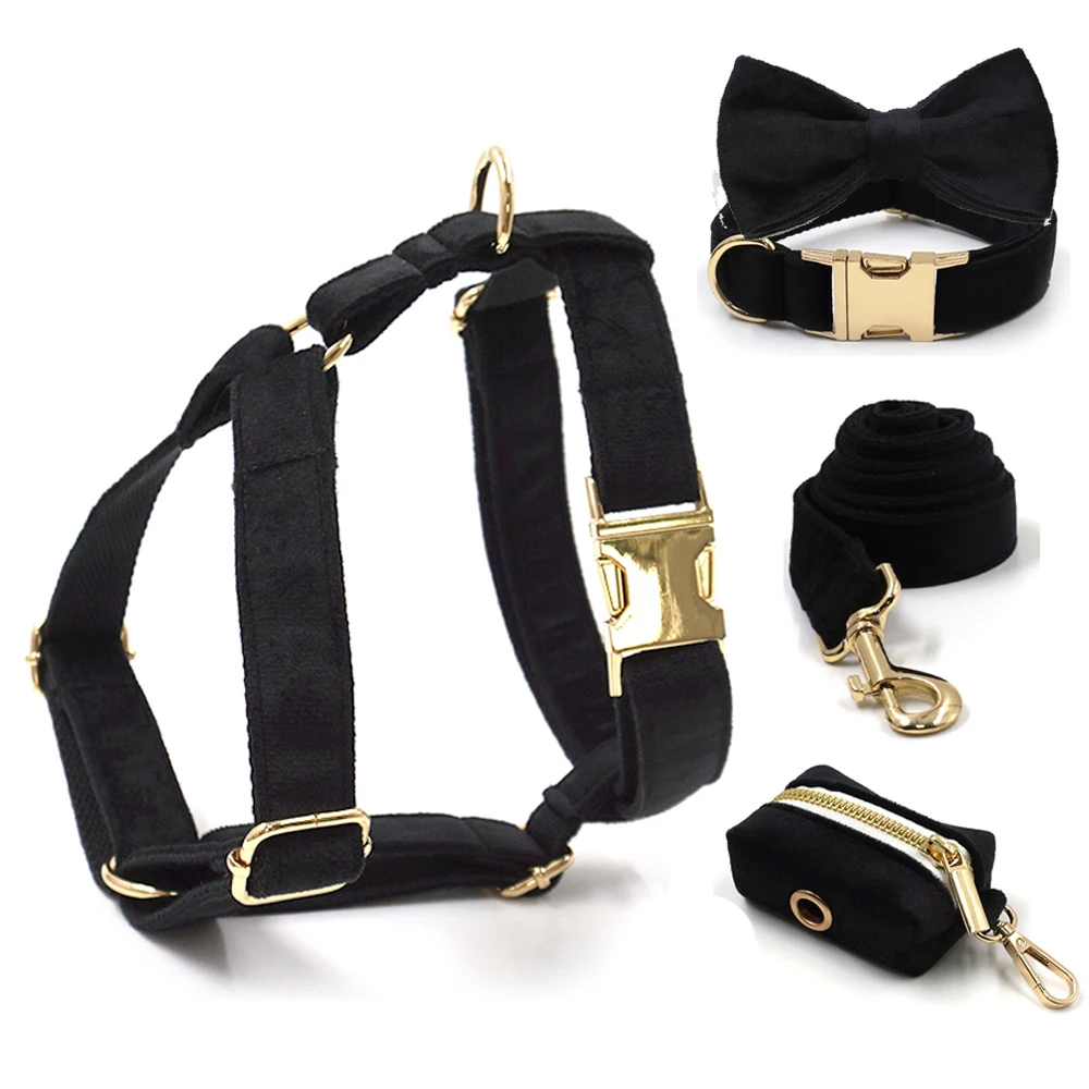 BlackVelvetDogHarnessPersonalizedHighQualityDurableDogCollarwithGoldMetalBuckles