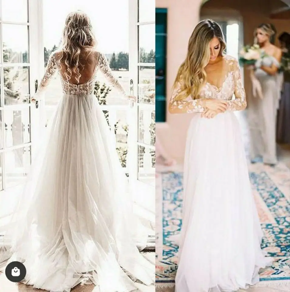 

Elegant A-Line V-Neck Long Sleeve Lace Wedding Dresses Custom Made Tulle Zipper Back Floor Length Bridal Gowns for Women