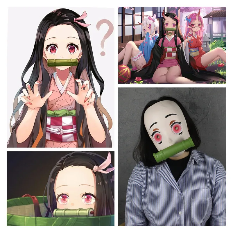 Аниме «Demon Slayer Kimetsu no Yaiba Kamado Nezuko», маски для косплея для женщин и девочек, латексная маска на половину лица, Вечерние Маски на Хэллоуин, карнавал, реквизит