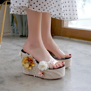 

Shoes Transparent Slippers On A Wedge Women Heels String Bead Platform Flower Slides High Rome Wedges Scandals Floral PU Super