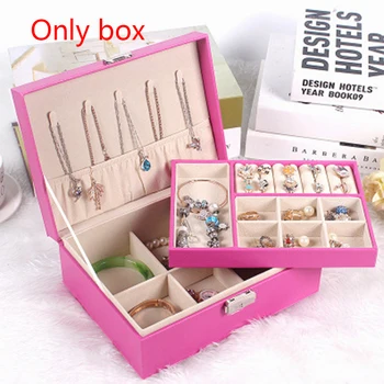 

PU Leather Solid Home Ring Necklace Holder Diamond Jewelry Box Earrings Large Capacity With Lock Double Layer Women Storage Case
