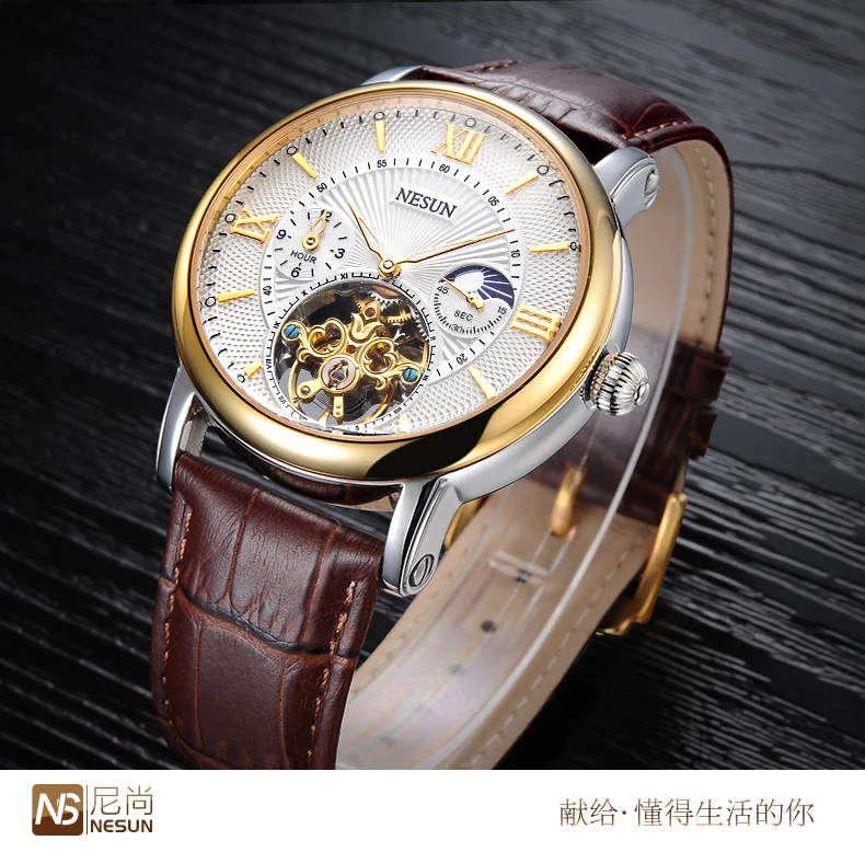 Швейцария Nesun Скелетон турбилон часы для мужчин Топ Элитный бренд автоматические механические мужские часы водонепроница relogio N9091-3
