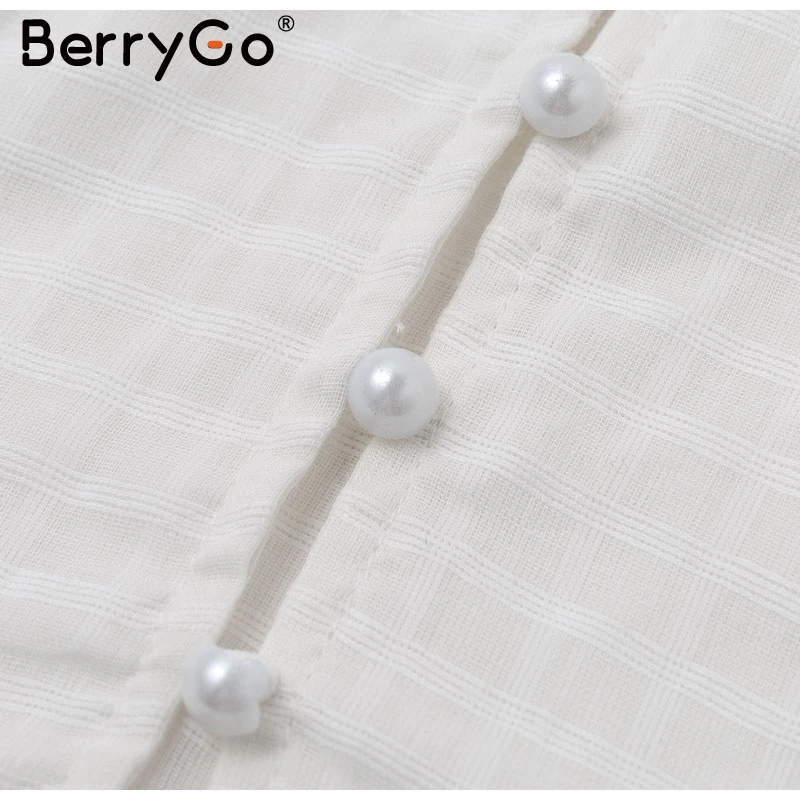 BerryGo сексуальная с v-образным вырезом и пуговицами короткая блузка женская повседневная хлопковая однотонная клетчатая блузка с оборками и длинным рукавом Женская Новая Элегантная блузка