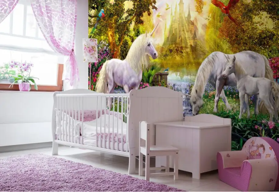 Фотообои CJSIR Sunlit замок в лесу Лотос пруд вода лошадь животные Дети фон Стена 3d