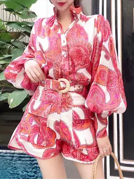 

Holiday Fashion 2020 Women Print Sets Long Sleeves Single Breasted Shirt + Belt Mini Shorts Popular Runway Suit
