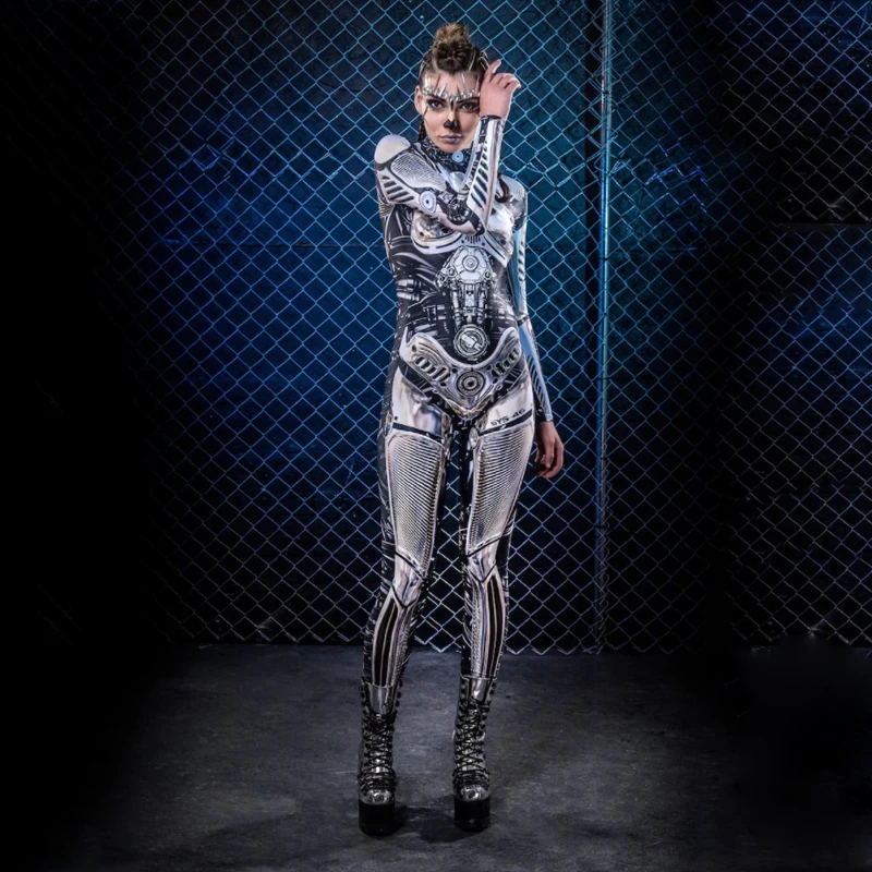 Halloween Steampunk Cosplay Bodysuit for Women Carnival Party Sexy Slim Jumpsuit Robot Cosplay Costumes Fancy Bodysuit