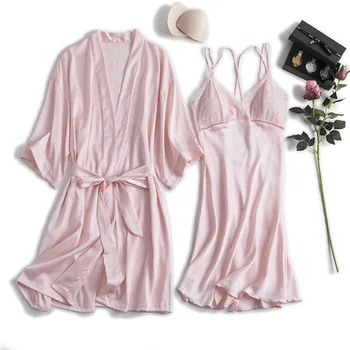 

2019 New Sexy Lace Sleepwear 2pcs Burgundy Satin Robe Lady Kimono Bathrobe Gown Loose Home Dress Nightdress Wedding Party Gift