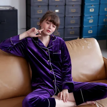 

2pcs Set Autumn Cotton Ladies Pajamas Long-sleeve Velvet Cardigan V-neck Pyjamas Loose Solid Casual Home Clothing Nightsuit