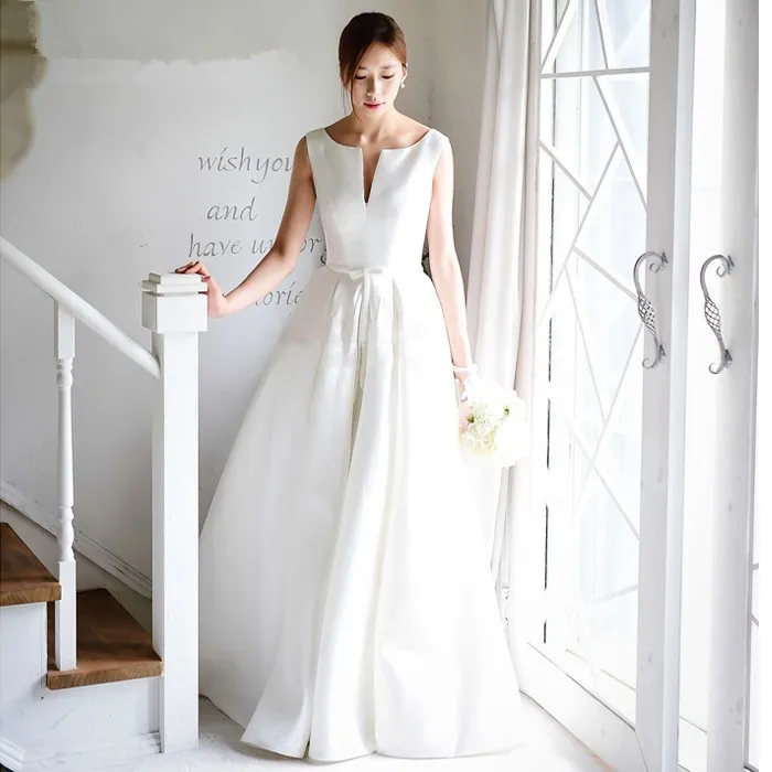 Vestidos de novia Casamento новое популярное Белое Атласное длинное недорогое свадебное платье трапециевидной формы с бантом и поясом