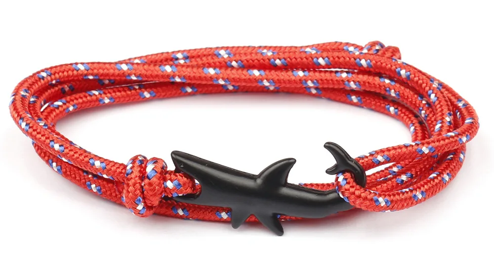 Браслеты викингов черный цвет Акула многослойный веревка браслет для мужчин женщин Шарм выживания Веревка Цепи мужской ювелирный браслет - Окраска металла: Black  6