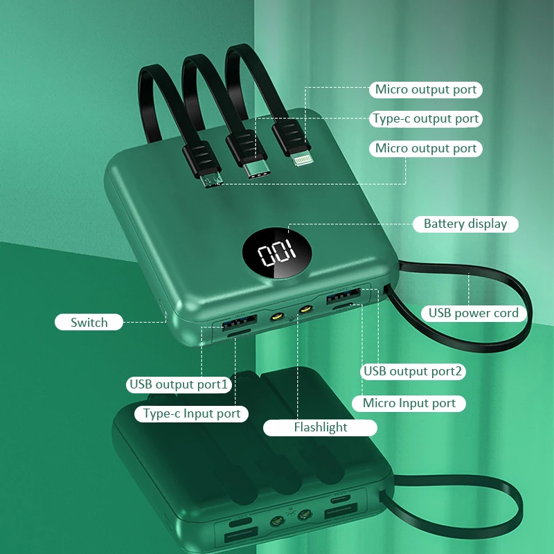 Mini Power Bank Portable Charger Digital Display 20000mAh External Battery Built in 4 Cables Powerbank Dual LED Light Powerbank