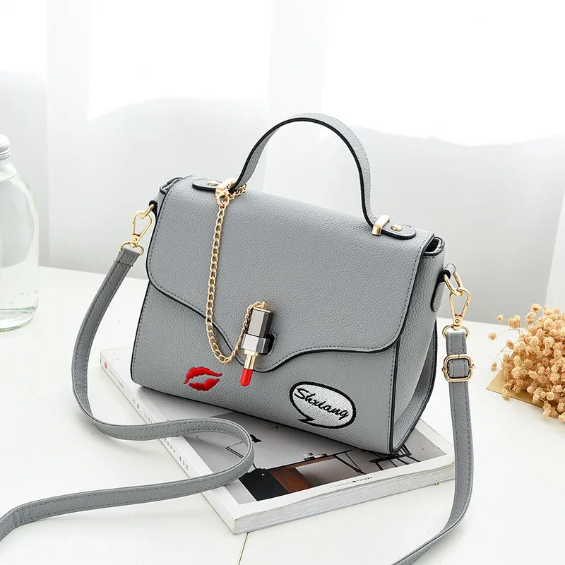 Женская кожаная сумка, женская сумка на плечо, маленькая сумка через плечо, Сумка с вышивкой в виде помады, дизайнерская повседневная женская сумка - Цвет: Grey
