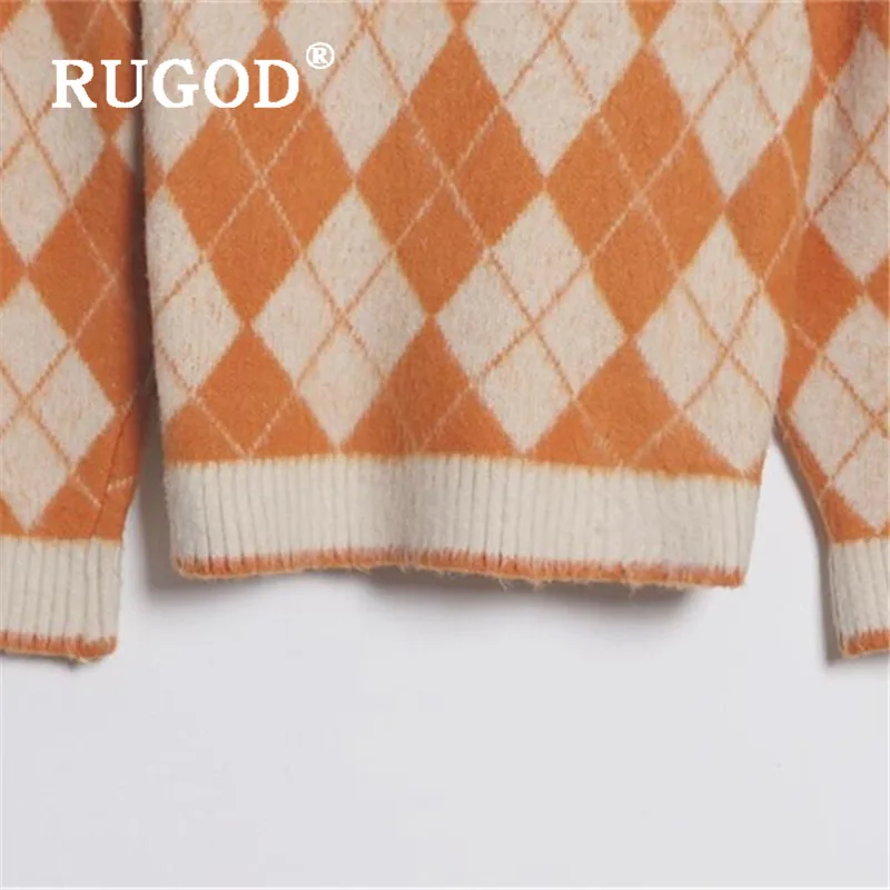 RUGOD, женский свитер, корейский стиль, шикарный, круглый вырез, контрастный цвет, Ромб, длинный рукав, вязаный пуловер, Повседневный, для девушек, зимний джемпер