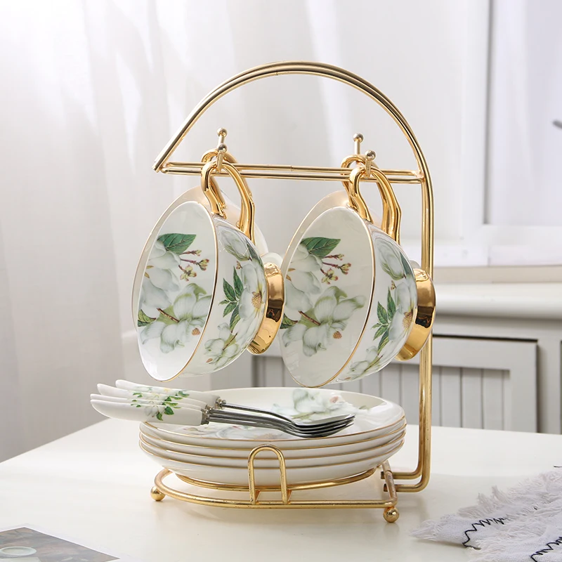 4Cups n Holder Элегантный костяной фарфор, чайная чашка, блюдце, ложка, набор, 200 мл, пасторальная фарфоровая кофейная чашка, чай, время, керамическая чайная чашка, кафе, чашка эспрессо - Цвет: 4Cups n Holder