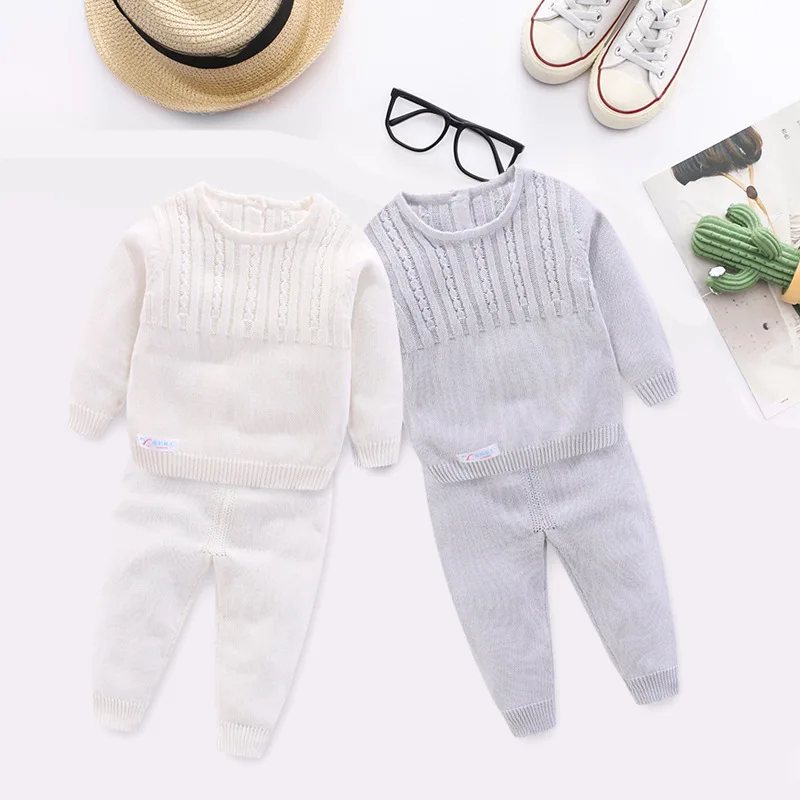 Комплект из 2 предметов для маленьких мальчиков; вязаный хлопковый свитер; комплекты для мальчиков и девочек; теплый пуловер для малышей; комплект со штанами; комплекты одежды для малышей