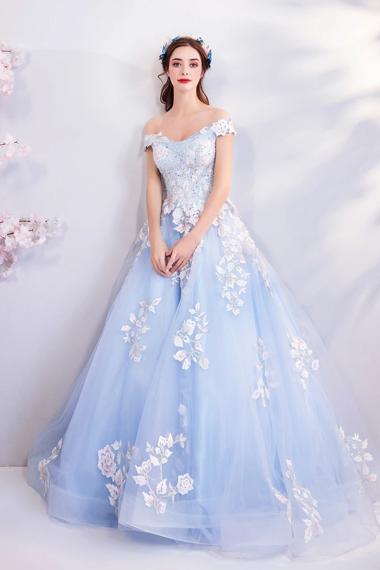 Vestidos De 15 Anos Azul Бальные платья милые 16 длинные Skly Синие Аппликации Бисероплетение Девушка Бальные платья для пышных принцесс 15 лет