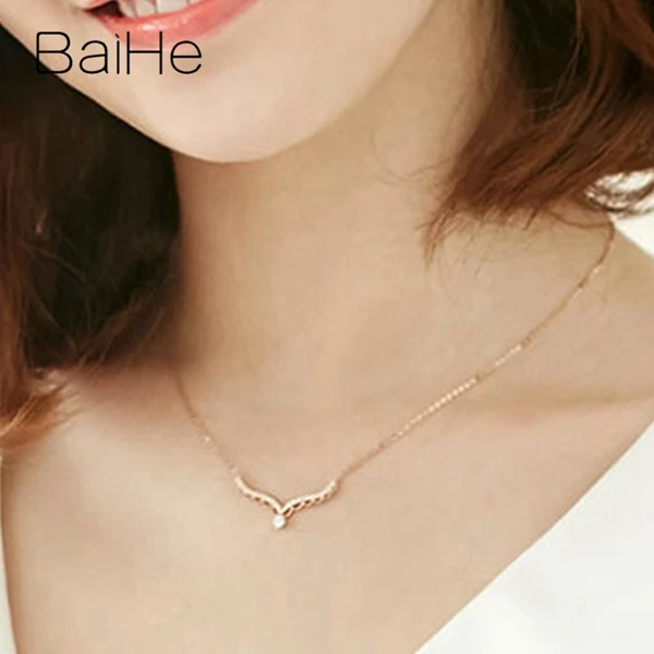 BAIHE Solid 18K розовое золото Сертифицированный H/SI 0.20ct+ 0.15ct натуральные бриллианты женщины изысканное украшение на свадьбу подарок ожерелья