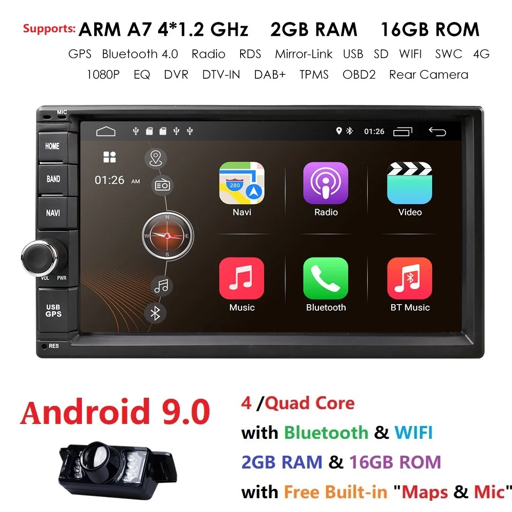  2G RAM Android 9.0 Auto Radio Quad Core 7Inch 2DIN Universal Car NO DVD player GPS Stereo Audio Hea