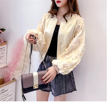 

Sequin Lantern Sleeve Korean Autumn Short Jacket Street Wear Long Sleeve Standing Collar Zipper Fashion Loose Fit Women's Jacket