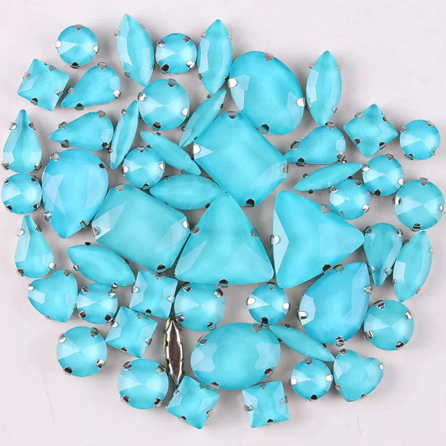 Silberne Krallenfassungen 50 Stück/Beutel Verschiedene Formen Jelly Candy Aquamarin Glaskristall Aufnähbare Strasssteine für Kleidung, Schuhe, Taschen DIY – Detail 1
