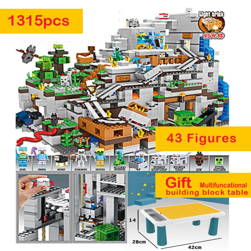 

1315pcs Compatible 21137 My World with Multifuncational Building Blocks Table Mountain Cave figures Bricks Toys For Children Kid