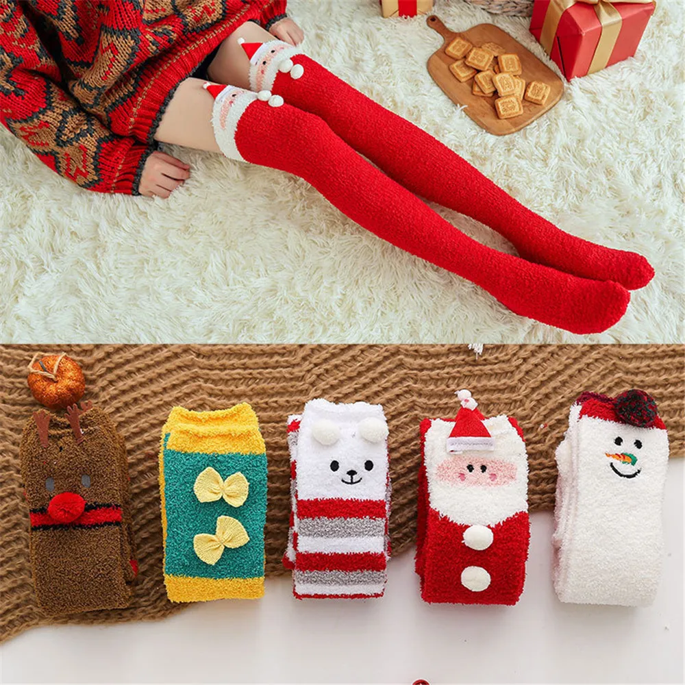 

Sexy Woman Stockings Christmas Warm Socks Cute Home Floor Socks Coral Fleece Over The Knee Sweet Cartoon Three-dimensional Socks