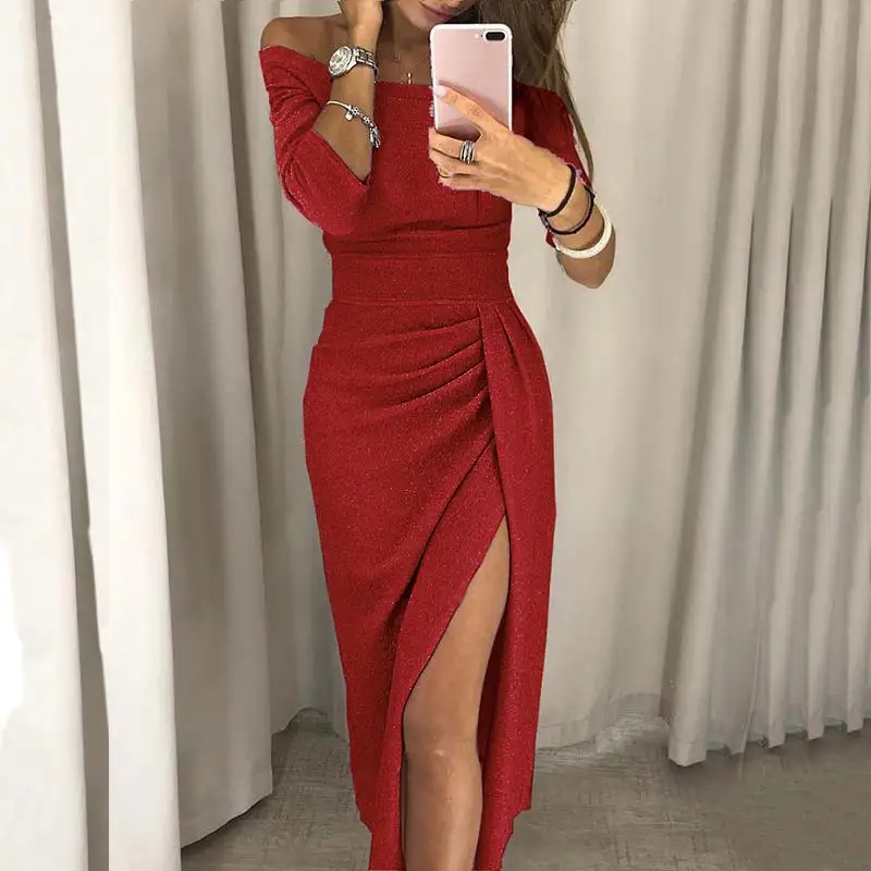 

Fashion Dress for Women Sexy Club Shiny Slit Push up Slash Neck Long Plus Size 5XL Evening Party Formal Dress