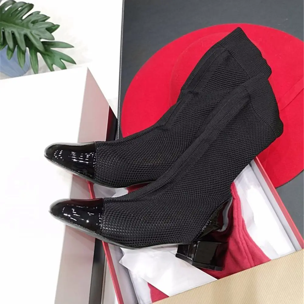 

Junetxin Luxury Slip-on Basic Med Heel Women Boots Square Heel Round Toe Winter Boots New Fashion Pure Black Shoes Size 34-40