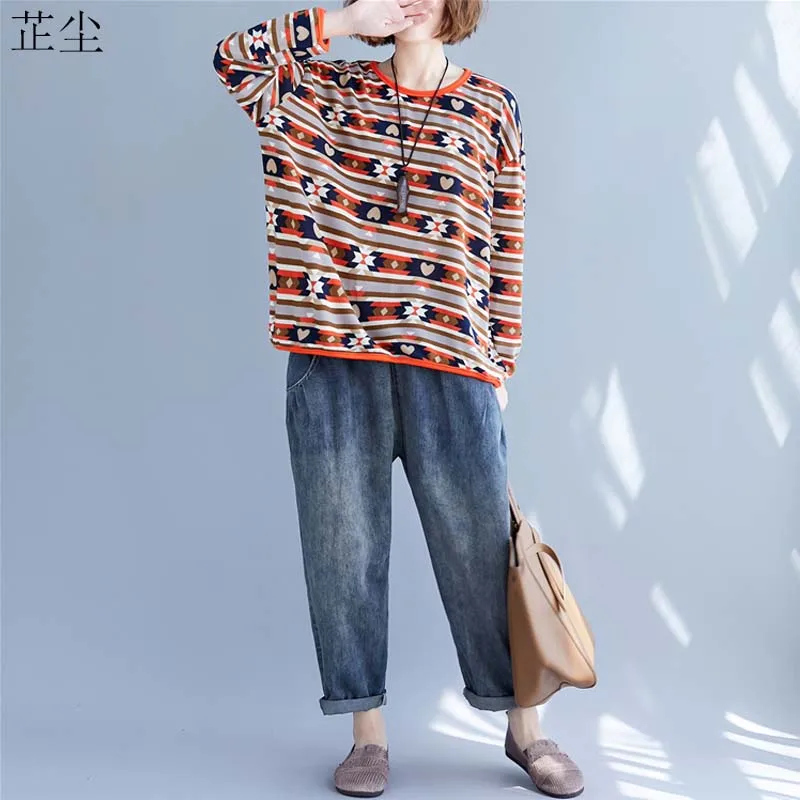 

Plus Size Striped Printed Cotton T Shirt Women Long Sleeve Loose Casual Big Size Tee Shirt 2019 Autumn New Cotton T-Shirts 4XL