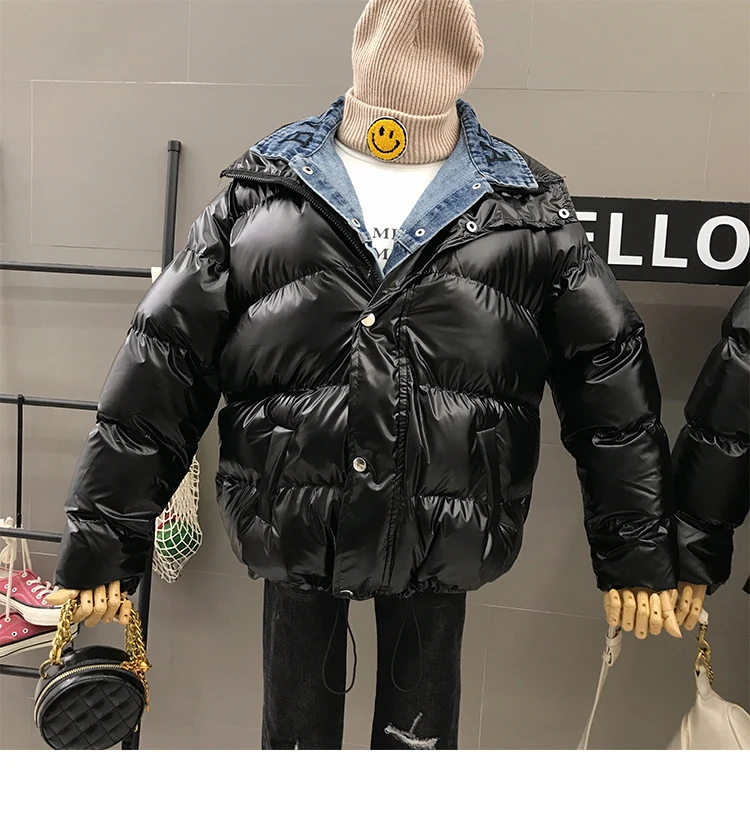 short black Новое зимнее женское пальто, свободная джинсовая стеганая парка, верхняя одежда, утолщенная Женская яркая куртка с хлопковой подкладкой, теплое пальто для женщин - Цвет: short black