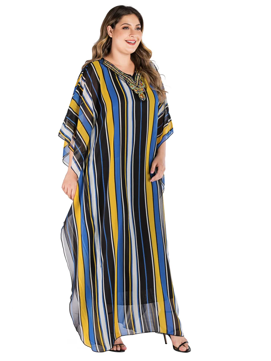 Мусульманская женская одежда abaya, комплект из бисера, Модное шифоновое платье с v-образным вырезом и принтом, Дубай, Турция, женское платье большого размера