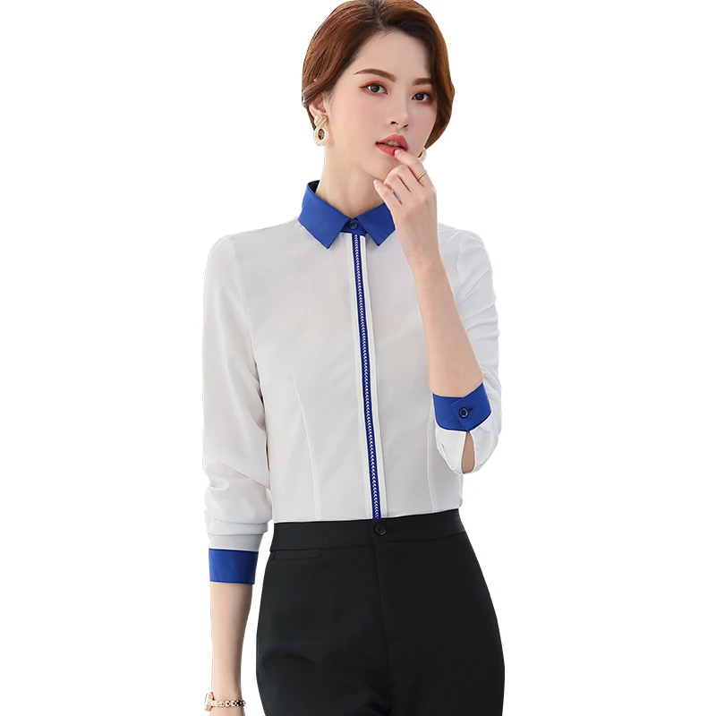 

Lenshin Turn-down collar Autumn wear long sleeve women Royal Blue blouse Shirt female casual style elegant fashion slim tops