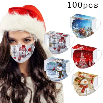

100pc Christmas Print Disposable Masks For Non-woven Melt Blown Respiratory Protection Mask Windproof Mondmasker Wasbaar Masque
