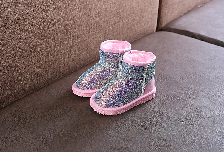 Детские зимние ботинки на кроличьем меху для девочек Детская Хлопковая обувь кожаные ботинки с блестками теплая одежда модные милые мягкие ботинки для школы