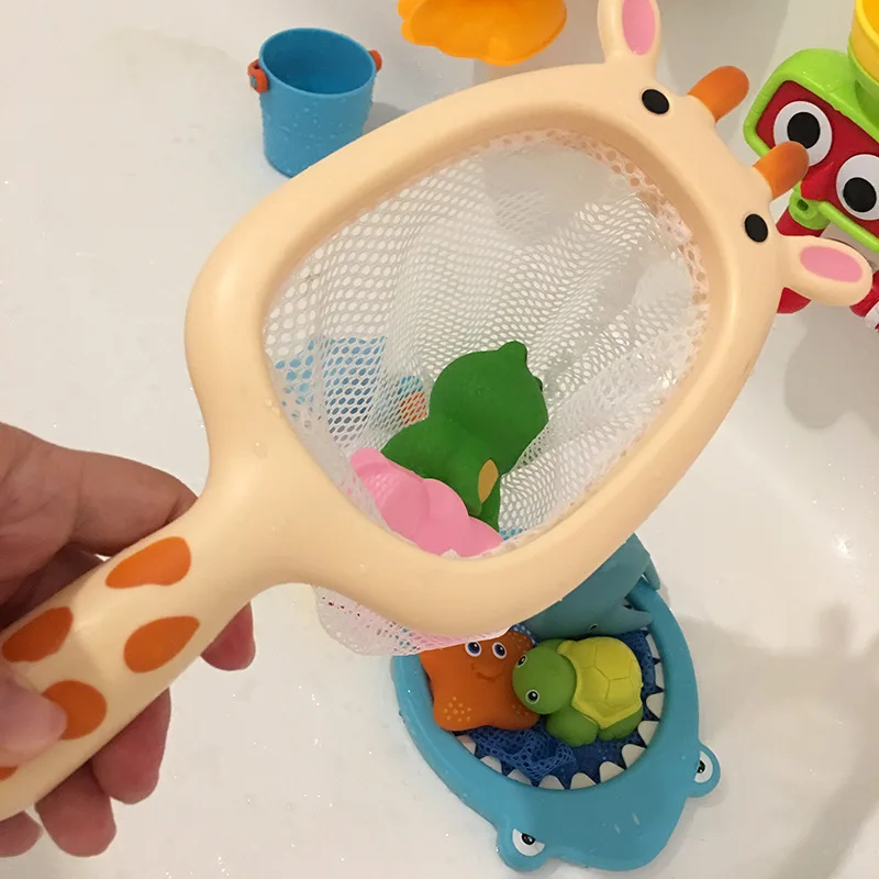 

Children Bath Toy Adorable Cat Giraffe Shark Fishing Net Belt Water Spouting Pinching Called Play with Water Beach Toys