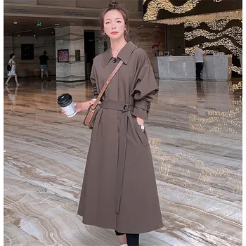 

Coffee Windbreaker Fall Women Long Trench Jacket Single Breasted Lapel Loose Casual Female Elegant Korean Plus Size Overcoat