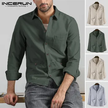 

INCERUN Men Multi Pockets Solid Long Sleeve Lapel Casual Shirt Business Elegant Streetwear Button Up Mens Blouse Masculina 3XL