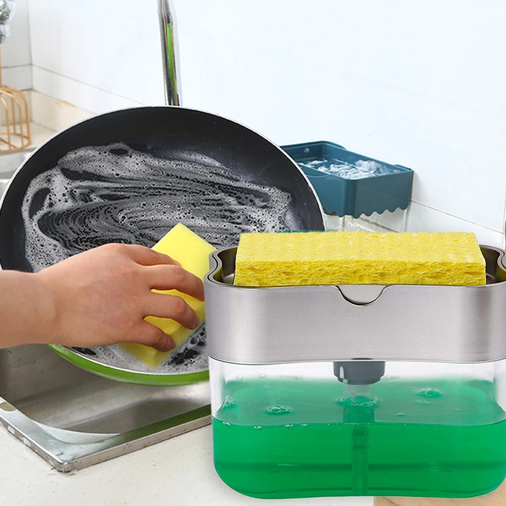 

2 in 1 Scrubbing Liquid Detergent Dispenser With Sponge Press-type Liquid Box Soap Box Kitchen Cleaner Tools