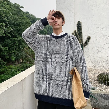

Autumn/winter 2019 new slim cotton patchwork long-sleeve sweater loose casual round collar personality youth men's wear