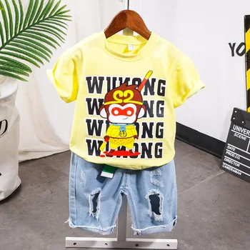 

2PCS WLG Boys Casual Clothes Kids Summer Yellow Cartoon Short Sleeve T Shirt and Denim Blue Holes Short Set Baby Boy Outfits