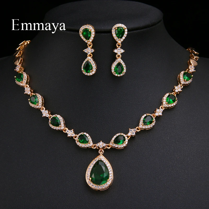 Emmaya New Arrival Rose Gold Green Waterdrop Appearance Zirconia Charming Costume Accessories Earrings And Necklace Jewelry Sets