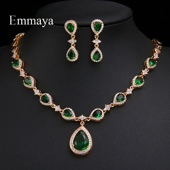 Emmaya New Arrival Rose Gold Green Waterdrop Appearance Zirconia Charming Costume Accessories Earrings And Necklace Jewelry Sets