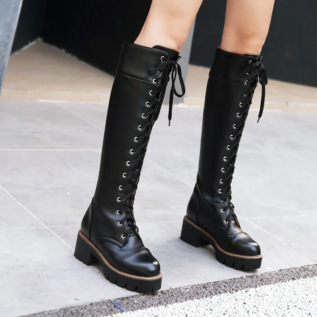 

Hot Sale Spring Autumn Waterproof Knee High Boots Women Casual Bandage Square Heel Woman Leather Shoes Winter Large Size 35-43